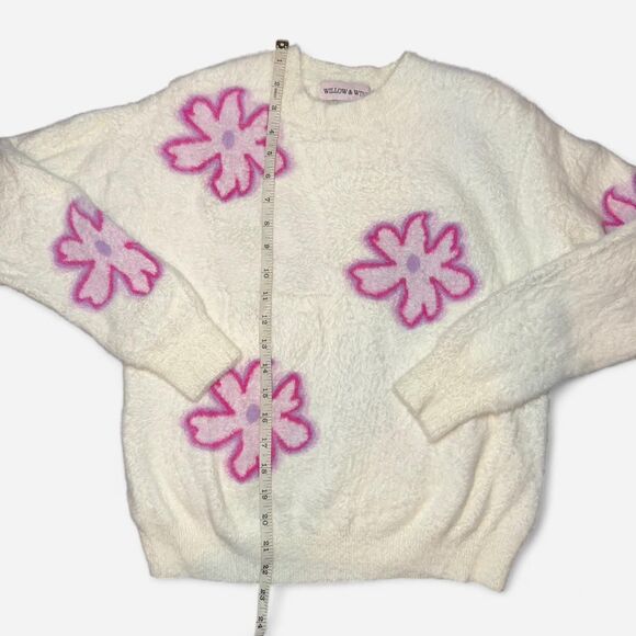 White and Pink Floral Fuzzy Sweater WOMENS SIZE SMALL - Picture 4 of 7